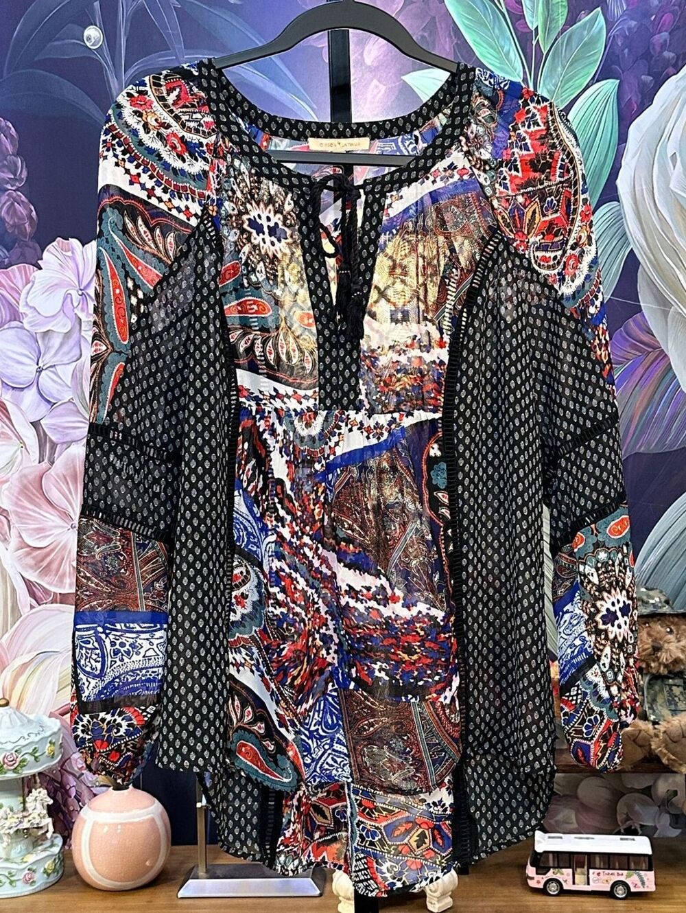 Gibson Latimer M Black Peasant Sheer Blouse Boho Festival Patchwork Tassel Top